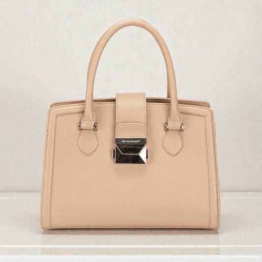 Beige handbag with a brand logo on a light gray background