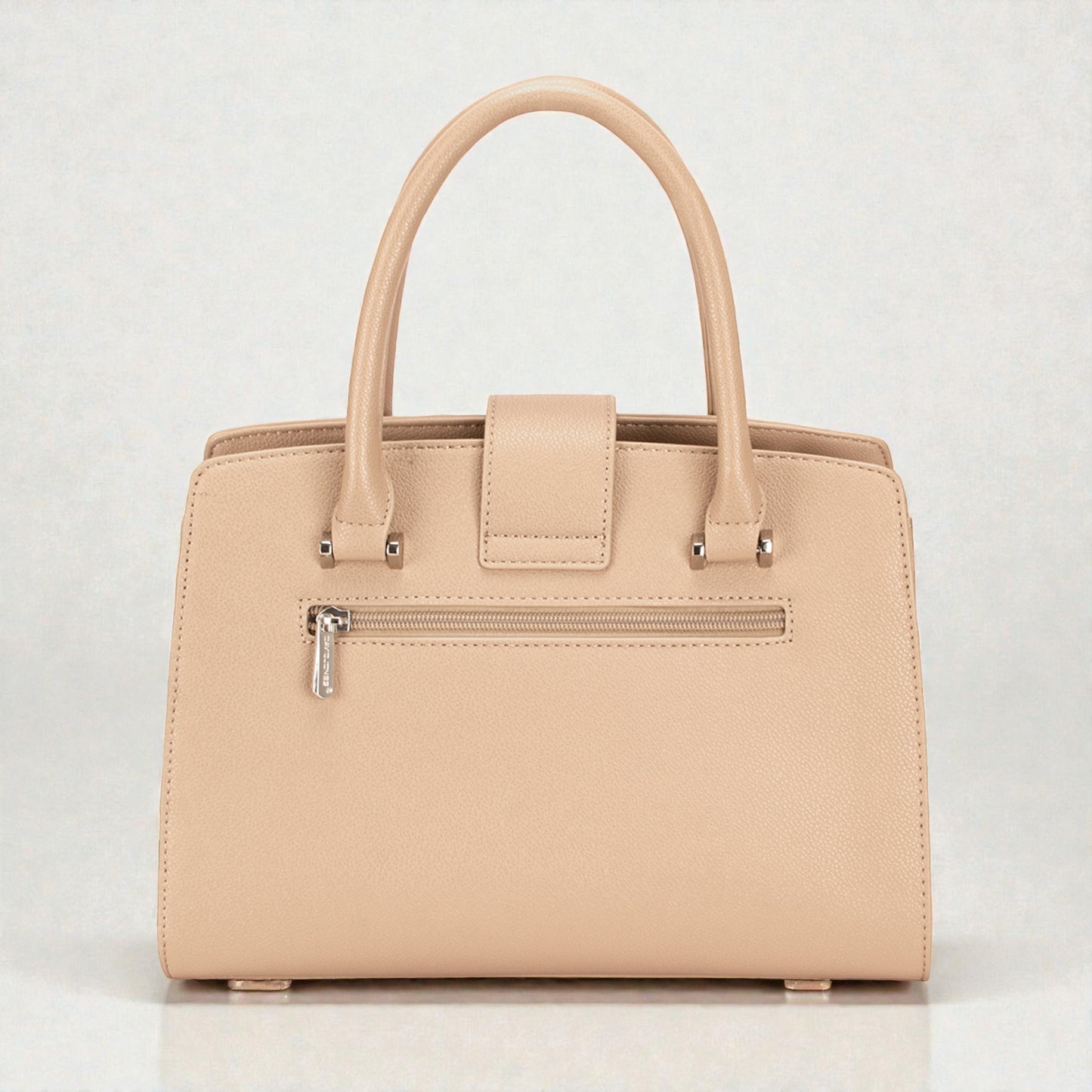 Beige handbag with a zipper on a light gray background
