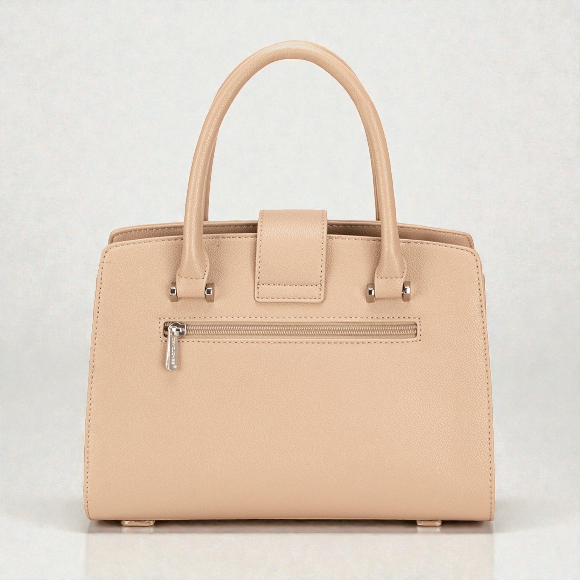 Beige handbag with a zipper on a light gray background
