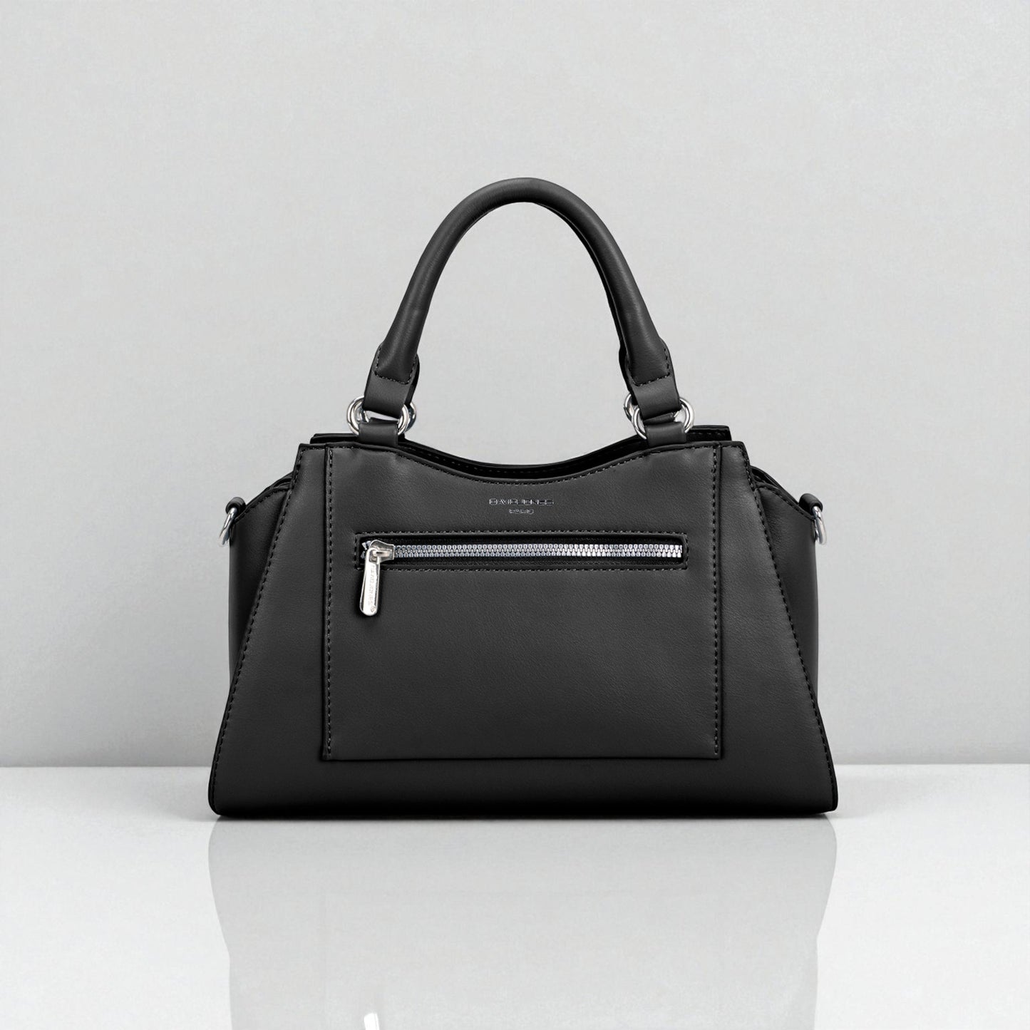 Black handbag with a visible brand logo on a white background