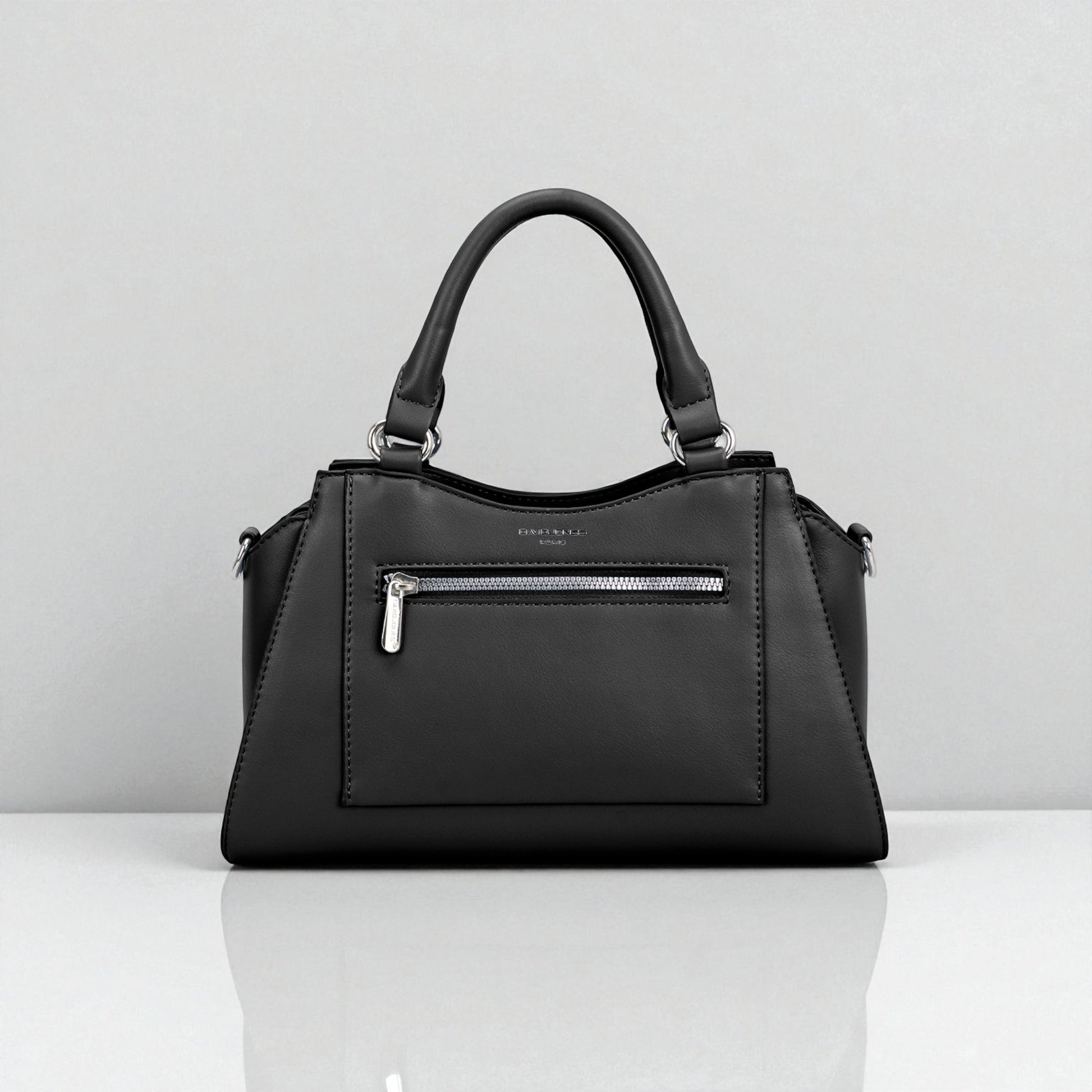 Black handbag with a visible brand logo on a white background