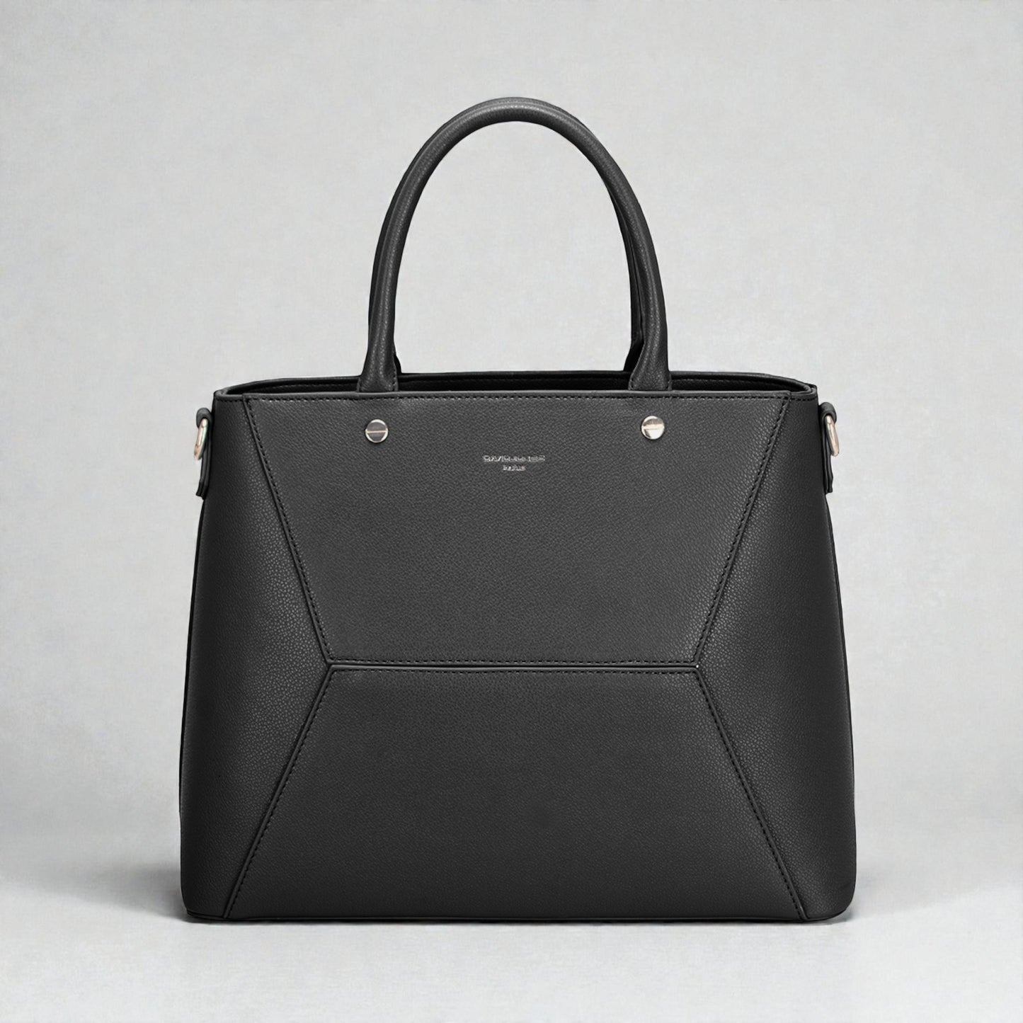 Black handbag on a light gray background