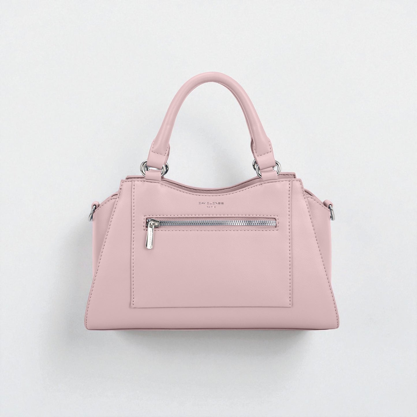 Pink handbag with a visible brand logo on a light gray background
