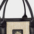 Black handbag with woven pattern and 'DJ' logo on a white background