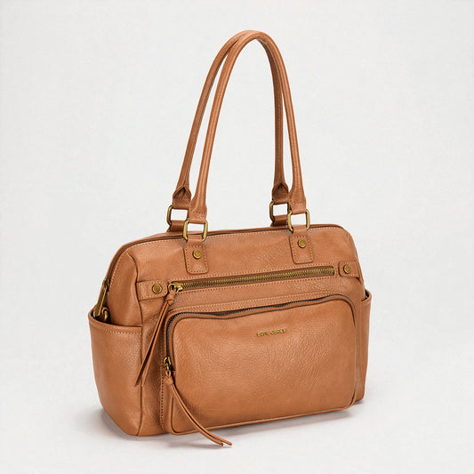 Brown leather handbag with multiple pockets and zippers on a white background