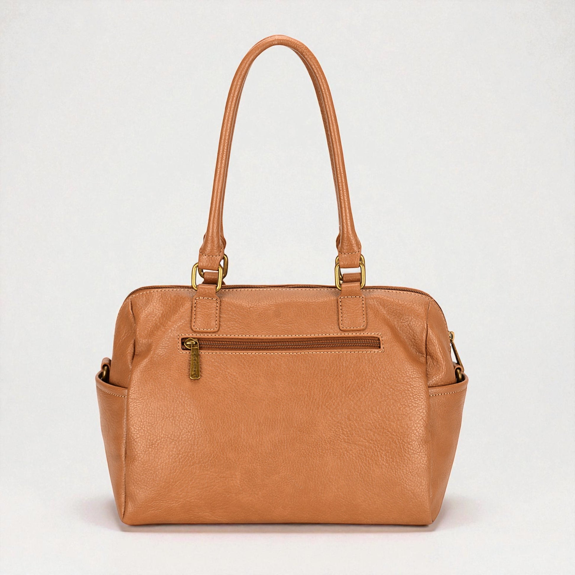Brown leather handbag on a white background