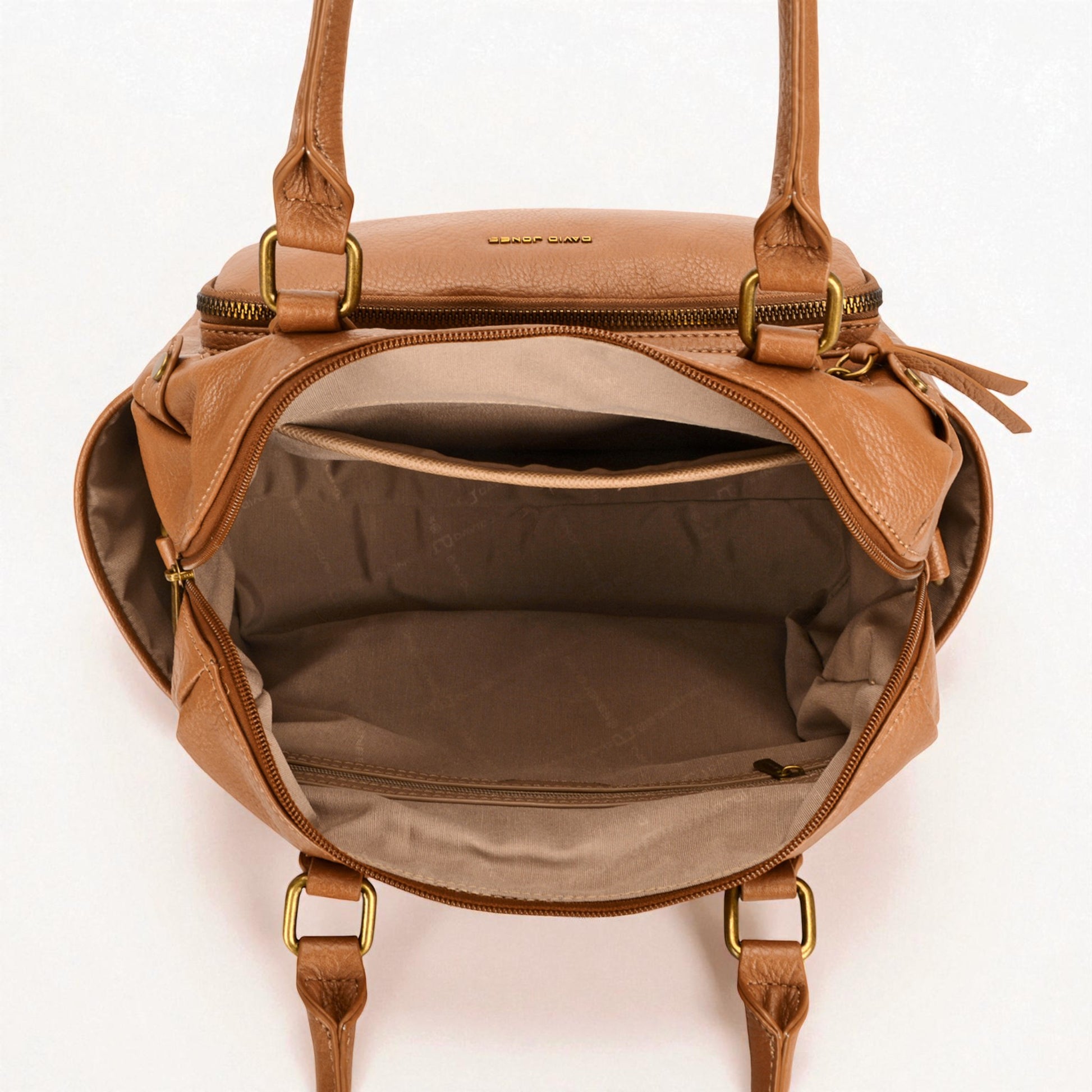 Brown leather handbag with gold hardware on a white background