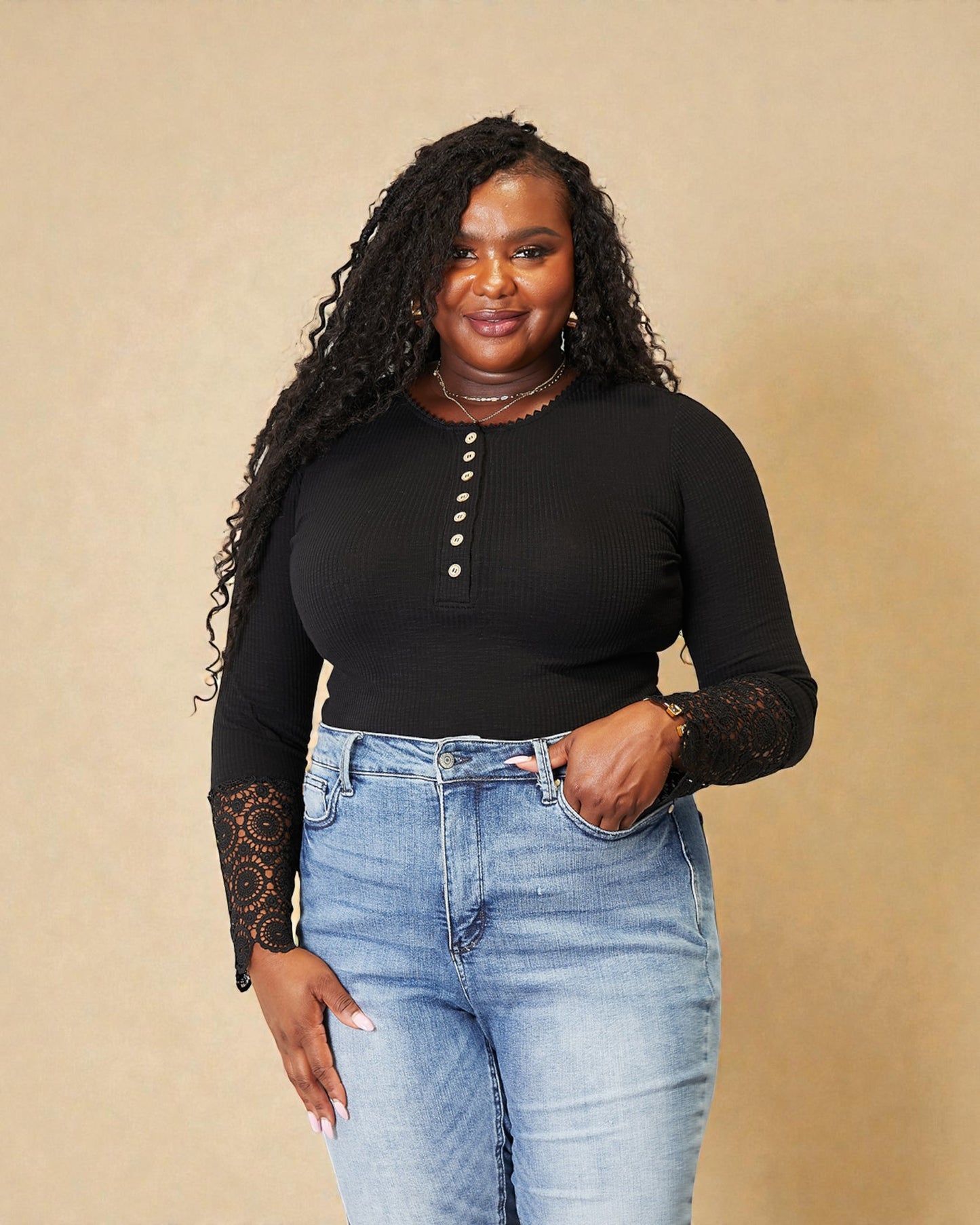 Black Ribbed Henley Top with Crochet Lace Sleeves