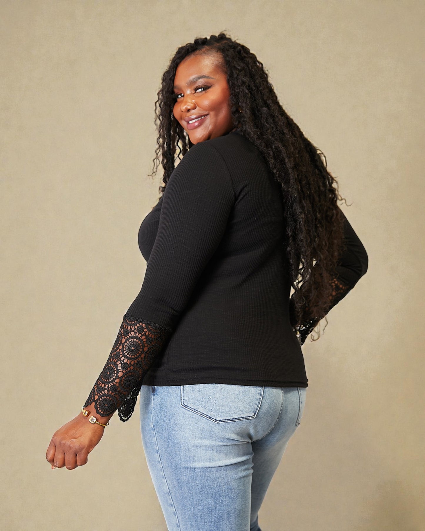 Black Ribbed Henley Top with Crochet Lace Sleeves