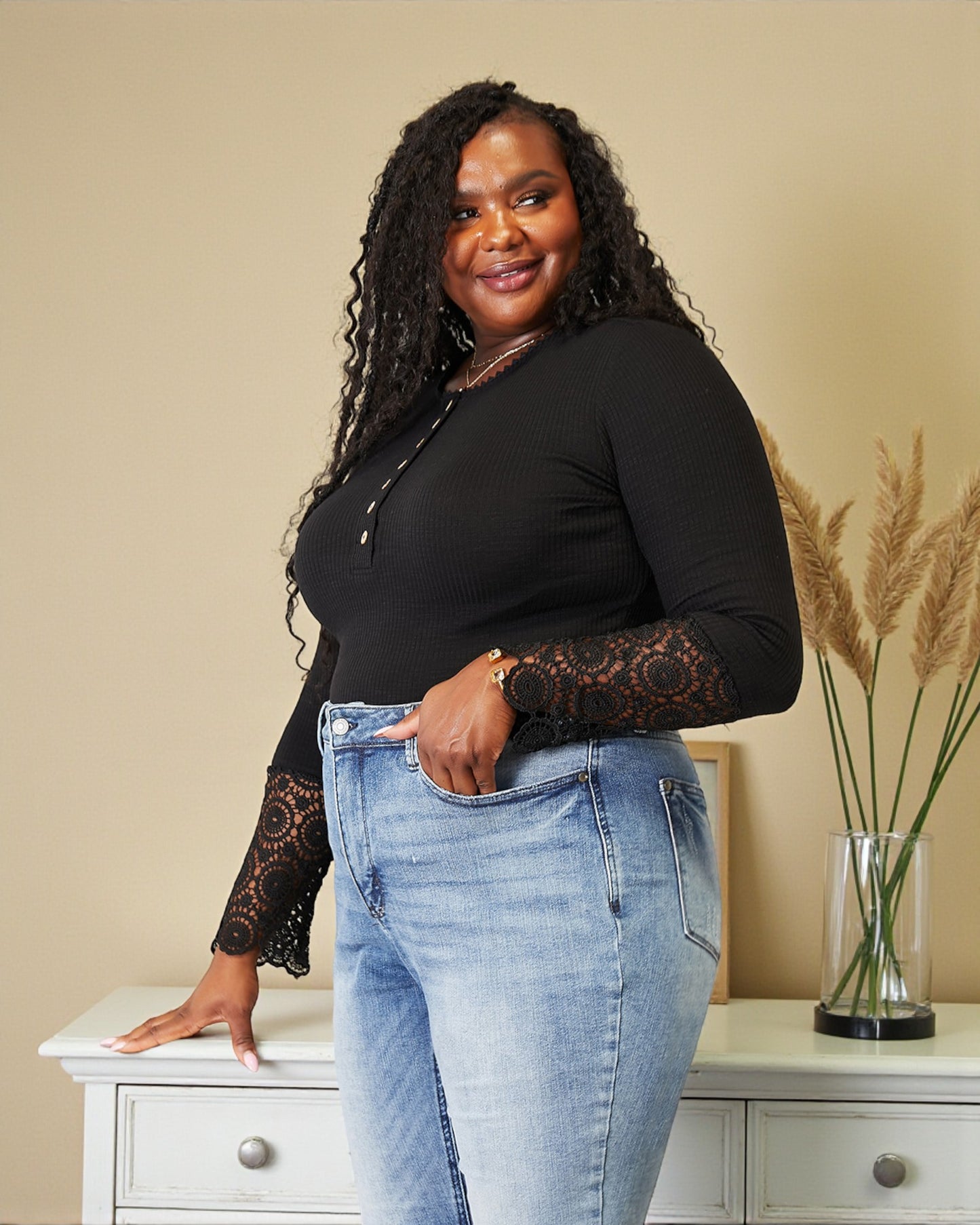 Black Ribbed Henley Top with Crochet Lace Sleeves