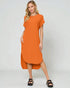 Woman wearing an orange dress on a white background