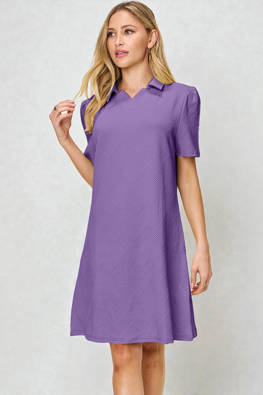 DOUBLE TAKE Textured Short Sleeve Polo Mini Dress Lavender / 3XL DOUBLE TAKE Textured Short Sleeve Polo Mini Dress Lavender / 3XL