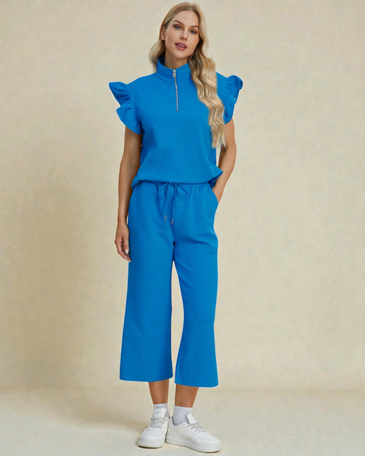 Ruffle Sleeve Quarter Zip Lounge Set