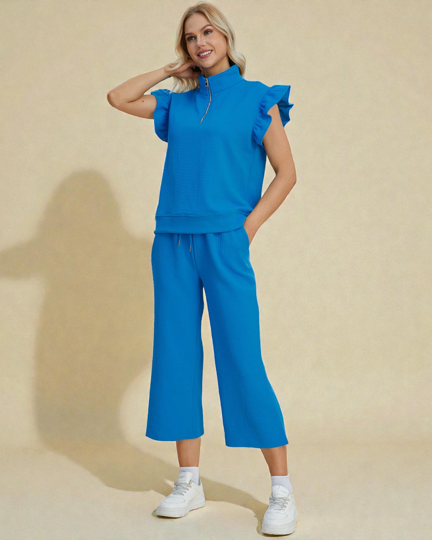 Ruffle Sleeve Quarter Zip Lounge Set