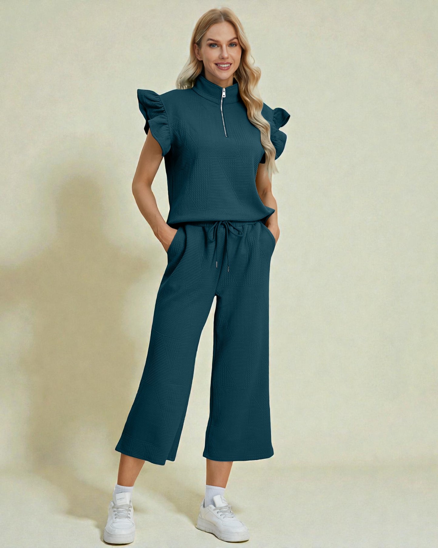Ruffle Sleeve Quarter Zip Lounge Set
