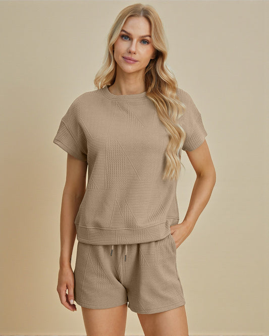 Textured Short Sleeve Top & Drawstring Shorts Set