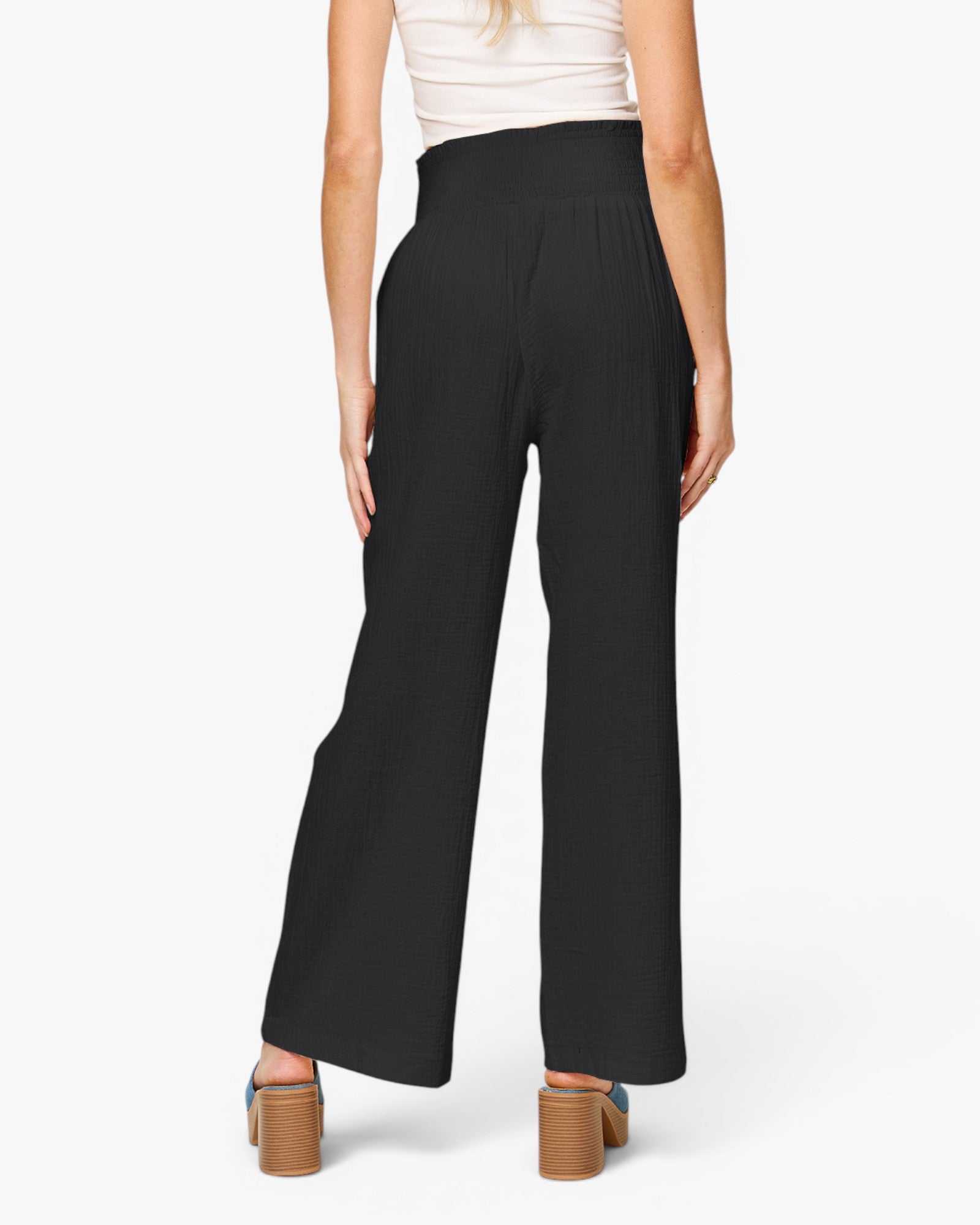 A model shown from the back wearing black wide-leg cropped pants, a white ribbed tank top, and brown block-heel sandals against a light gray studio background.