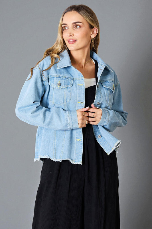 Light Wash Frayed Hem Denim Jacket