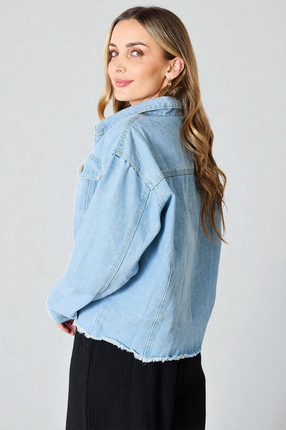 Light Wash Frayed Hem Denim Jacket