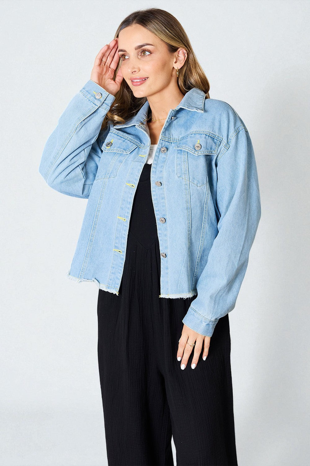 Light Wash Frayed Hem Denim Jacket