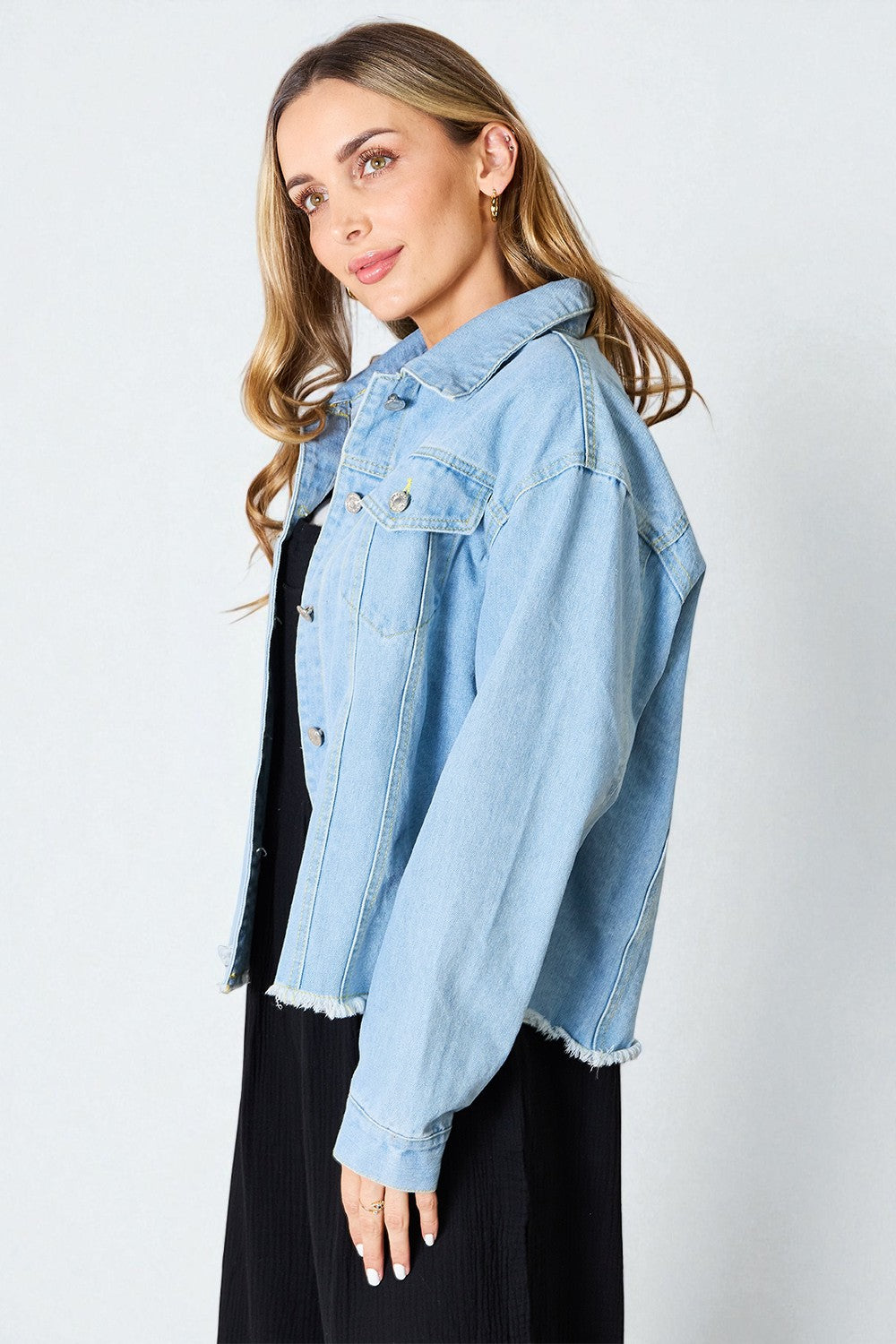 Light Wash Frayed Hem Denim Jacket