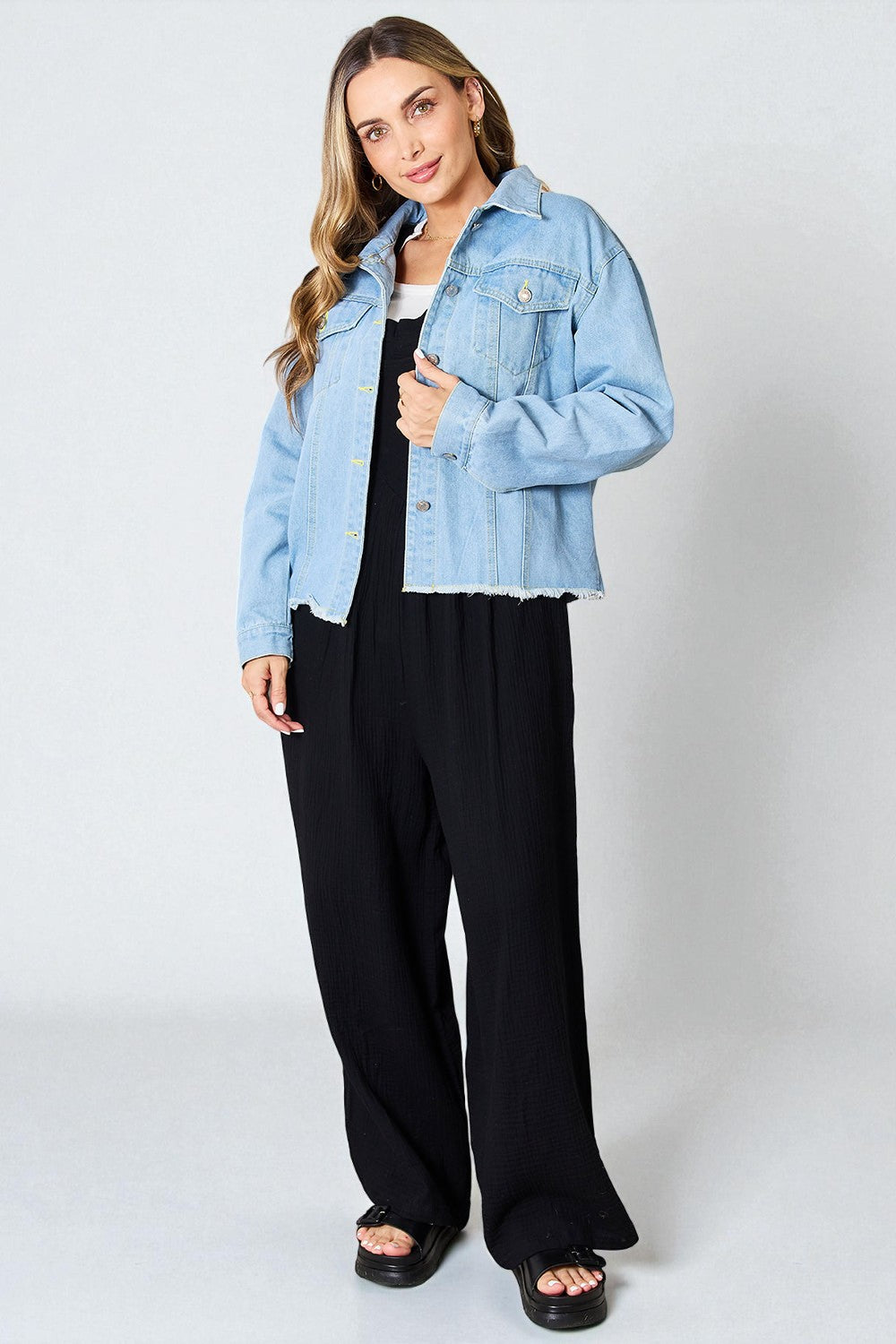 Light Wash Frayed Hem Denim Jacket