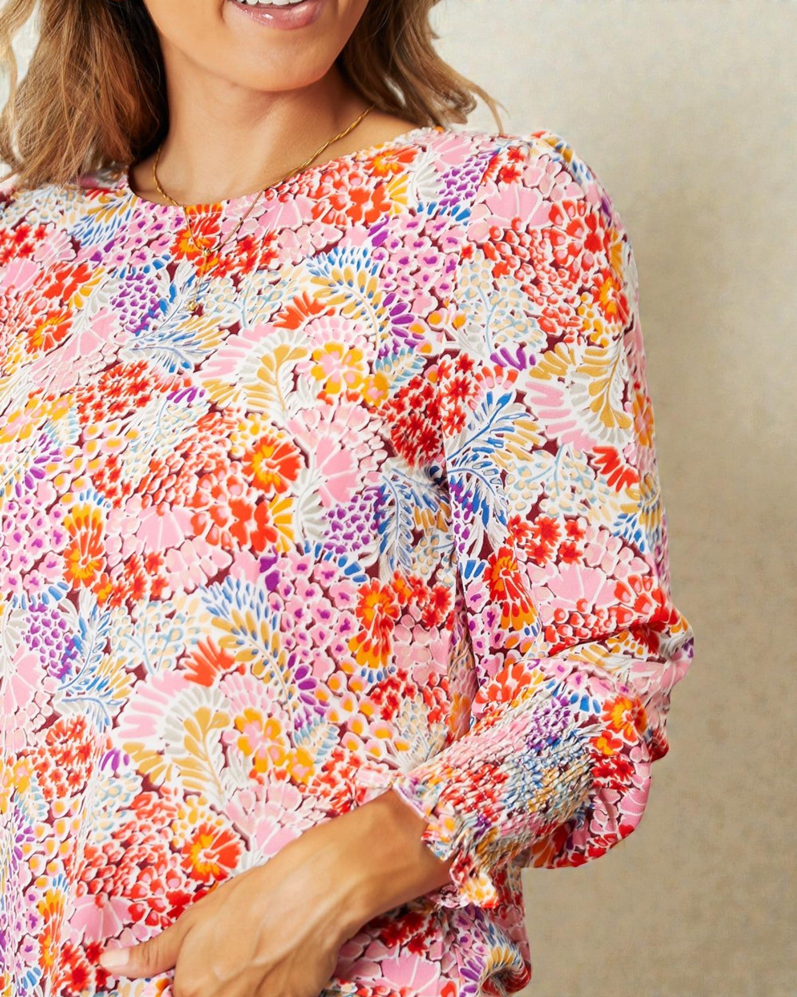 Multi Floral Smocked Cuff Blouse
