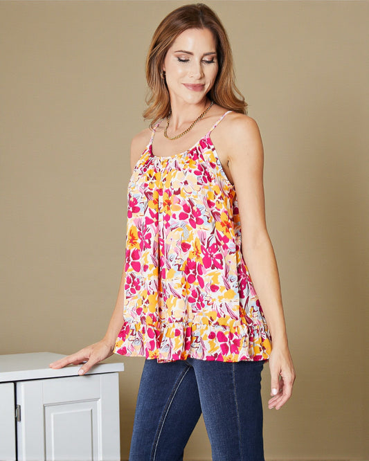 Pink & Gold Floral Ruffle Hem Cami Top