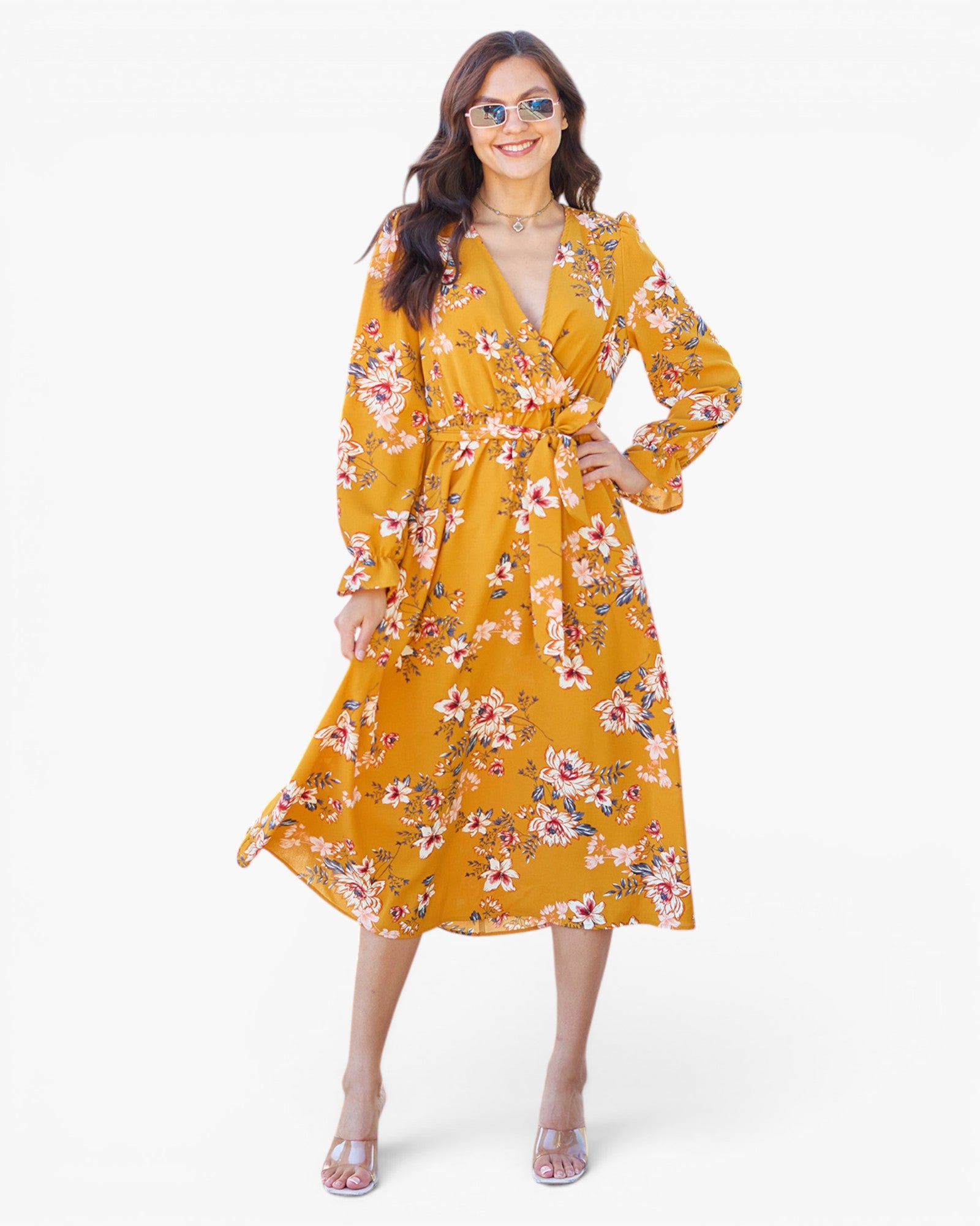 Vestido midi con mangas con volante y lazo floral en caramelo