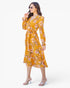 Vestido midi con mangas con volante y lazo floral en caramelo