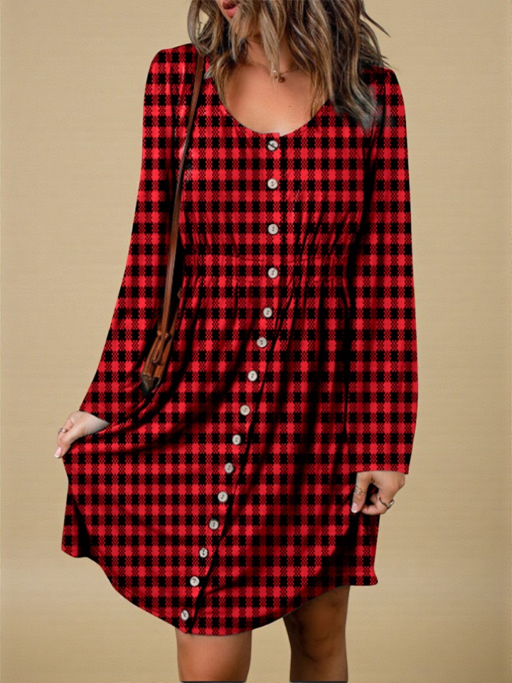 Red and black plaid dress with buttons on a beige background