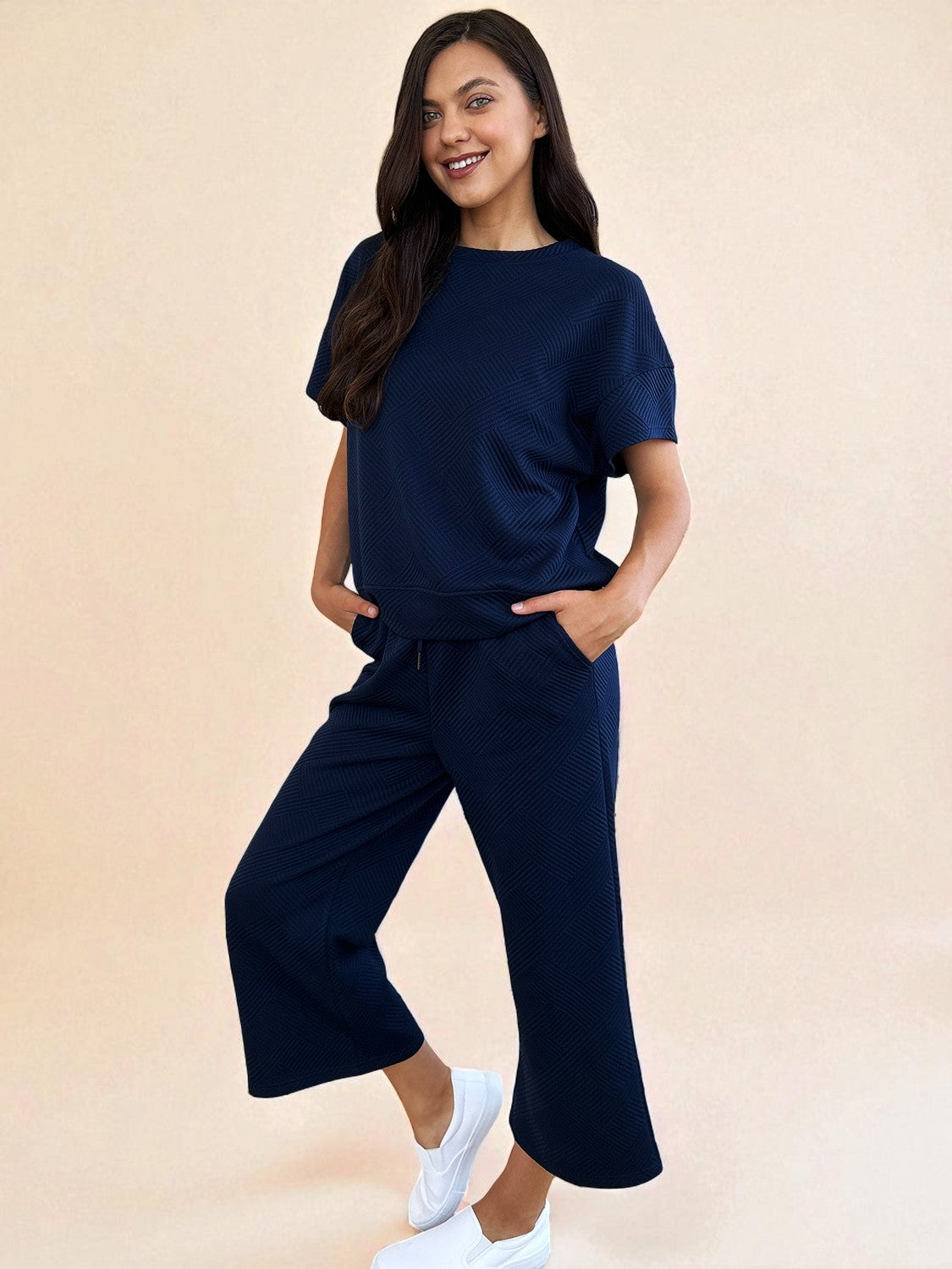 Textured Short Sleeve Top and Pants Set