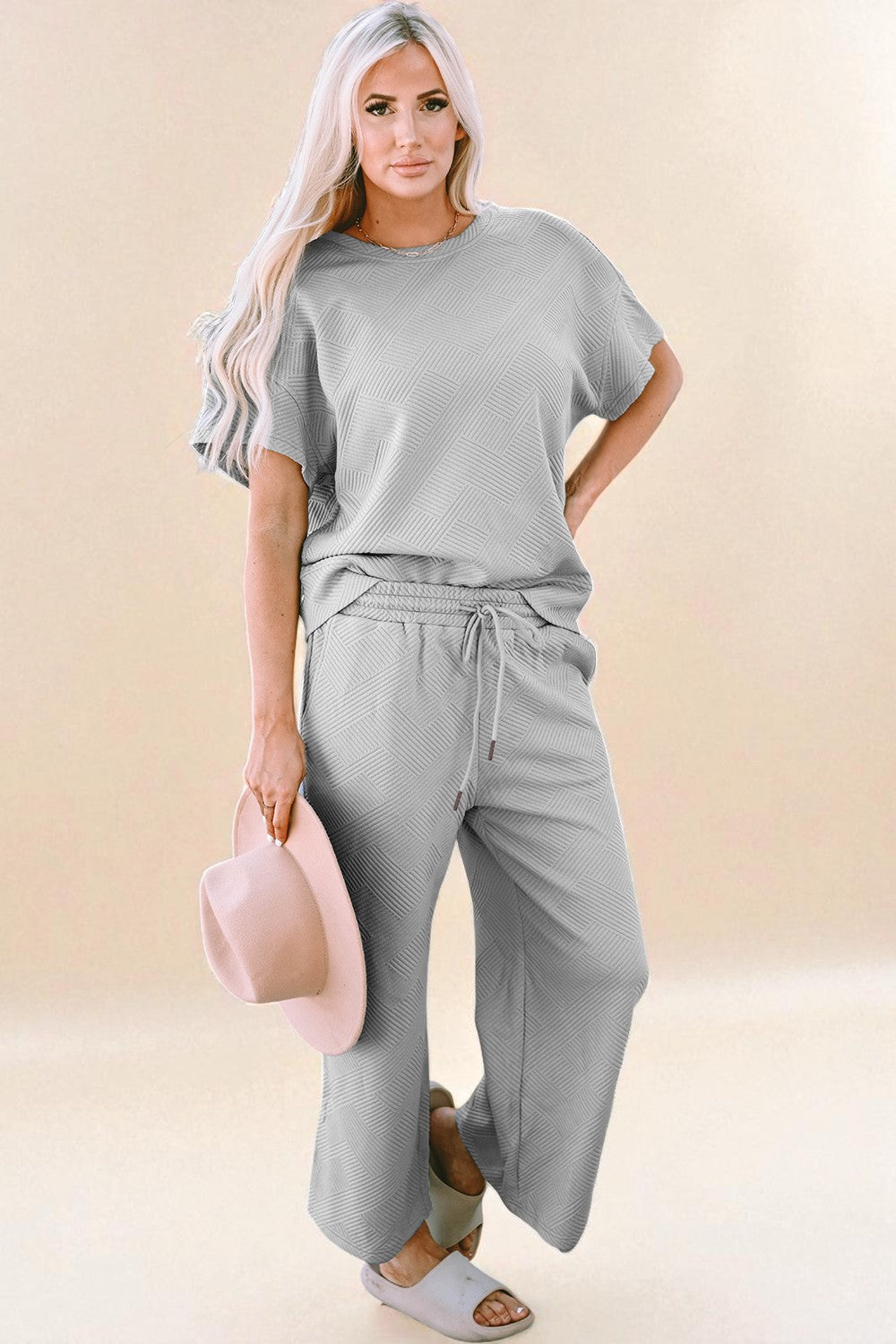 Textured Short Sleeve Top and Pants Set