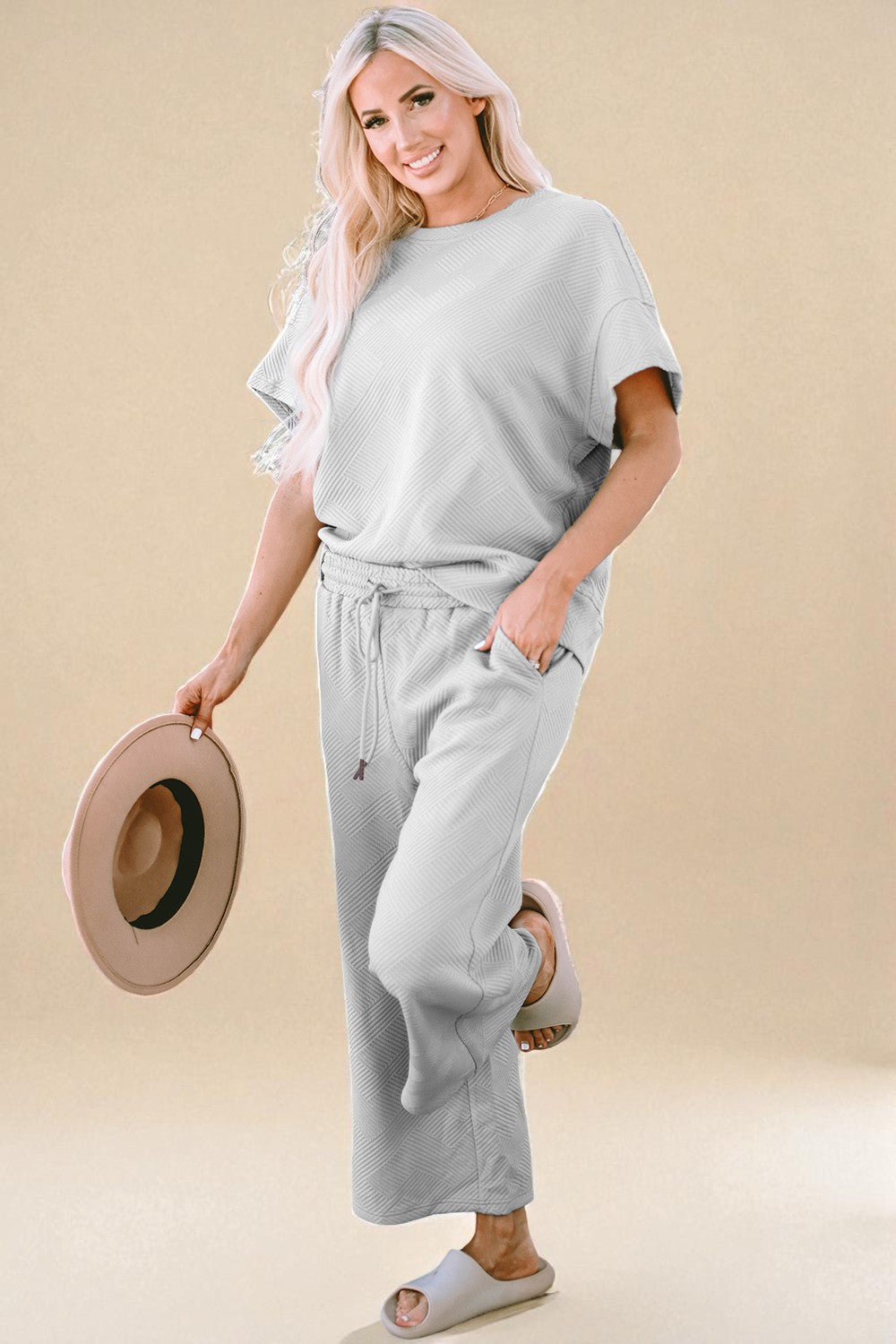 Textured Short Sleeve Top and Pants Set