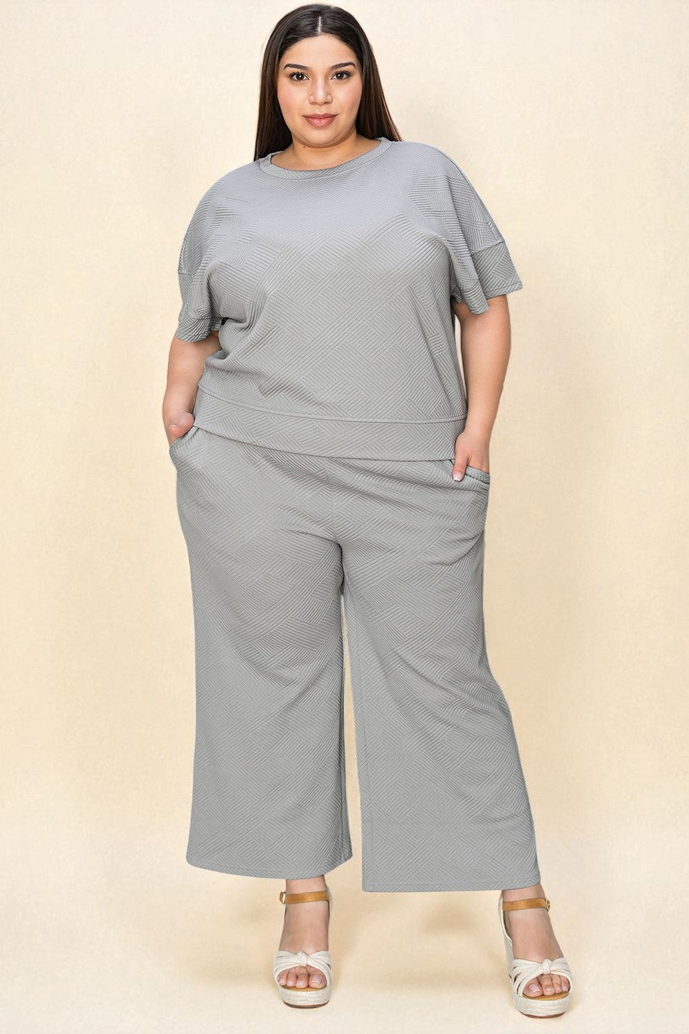 Textured Short Sleeve Top and Pants Set