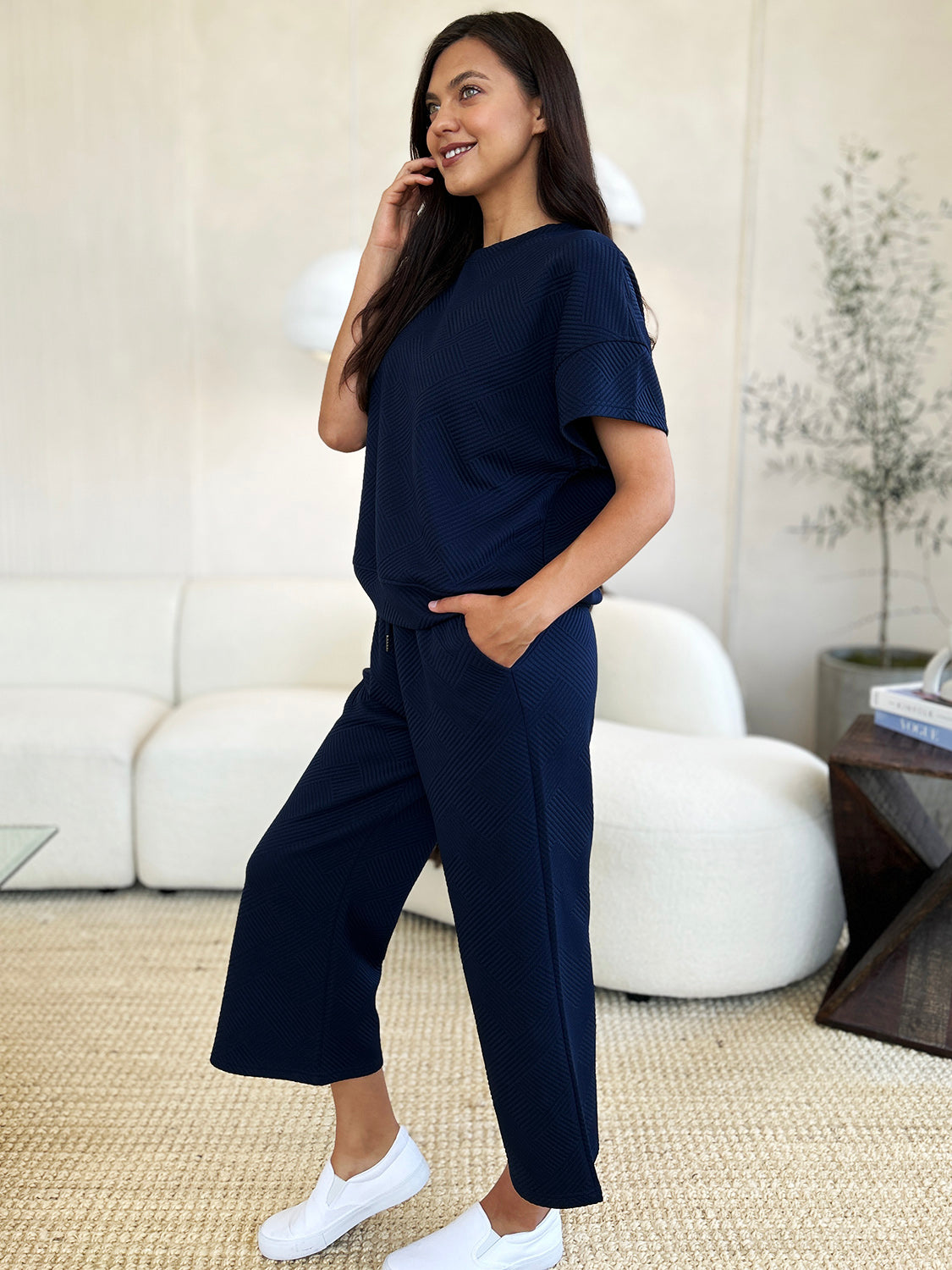 Textured Short Sleeve Top and Pants Set