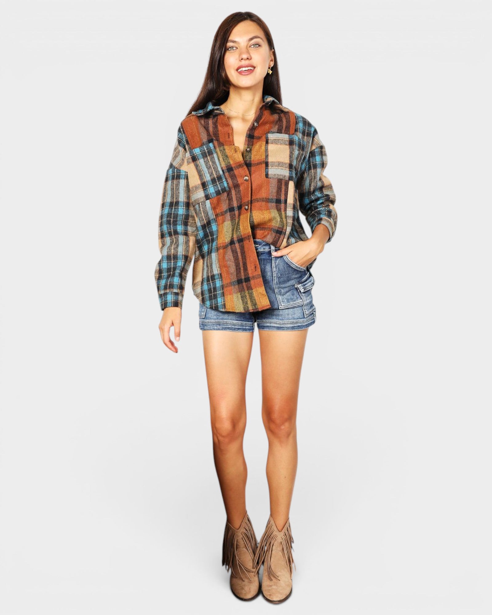 Rust & Teal Plaid Button Down Shirt
