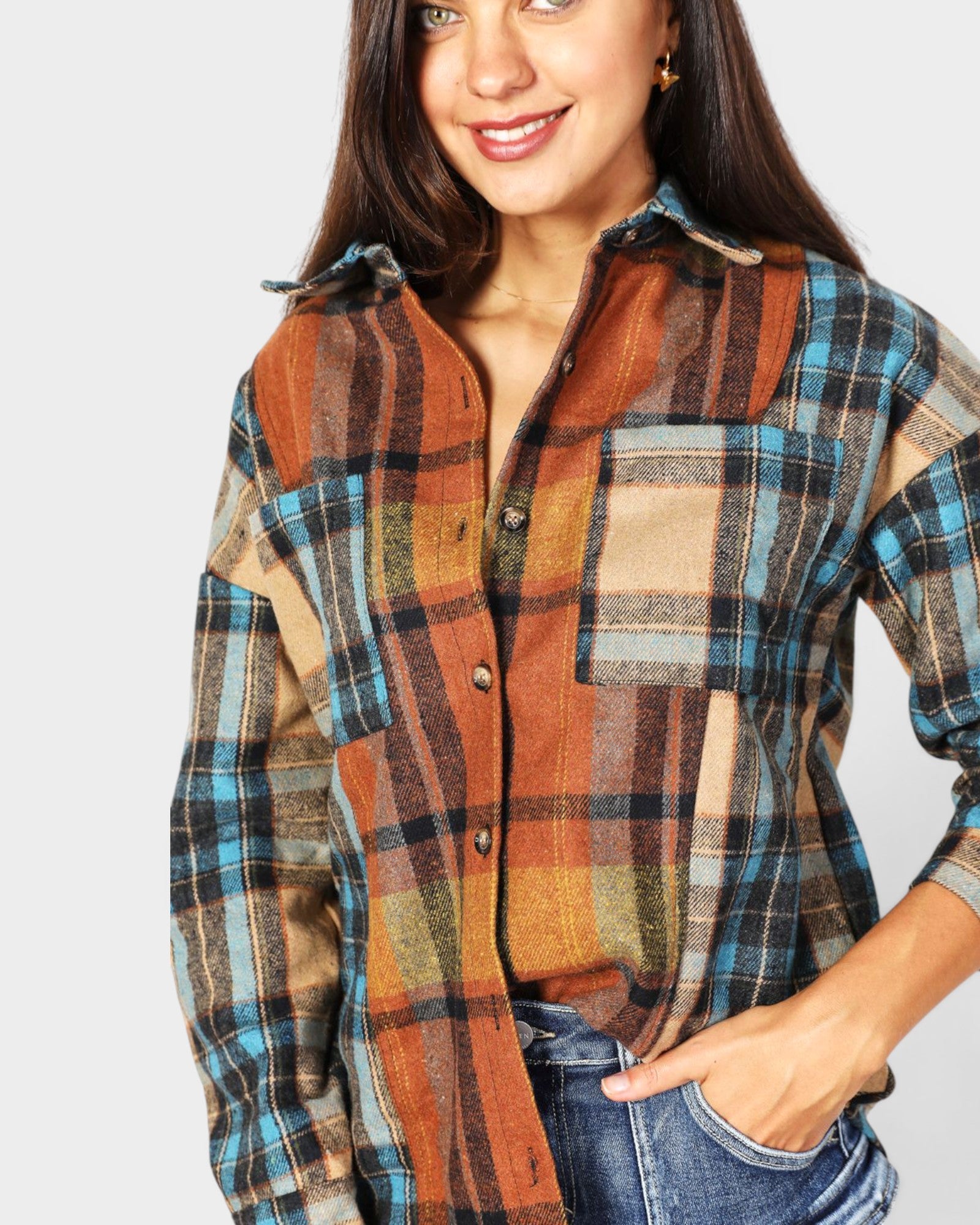 Rust & Teal Plaid Button Down Shirt