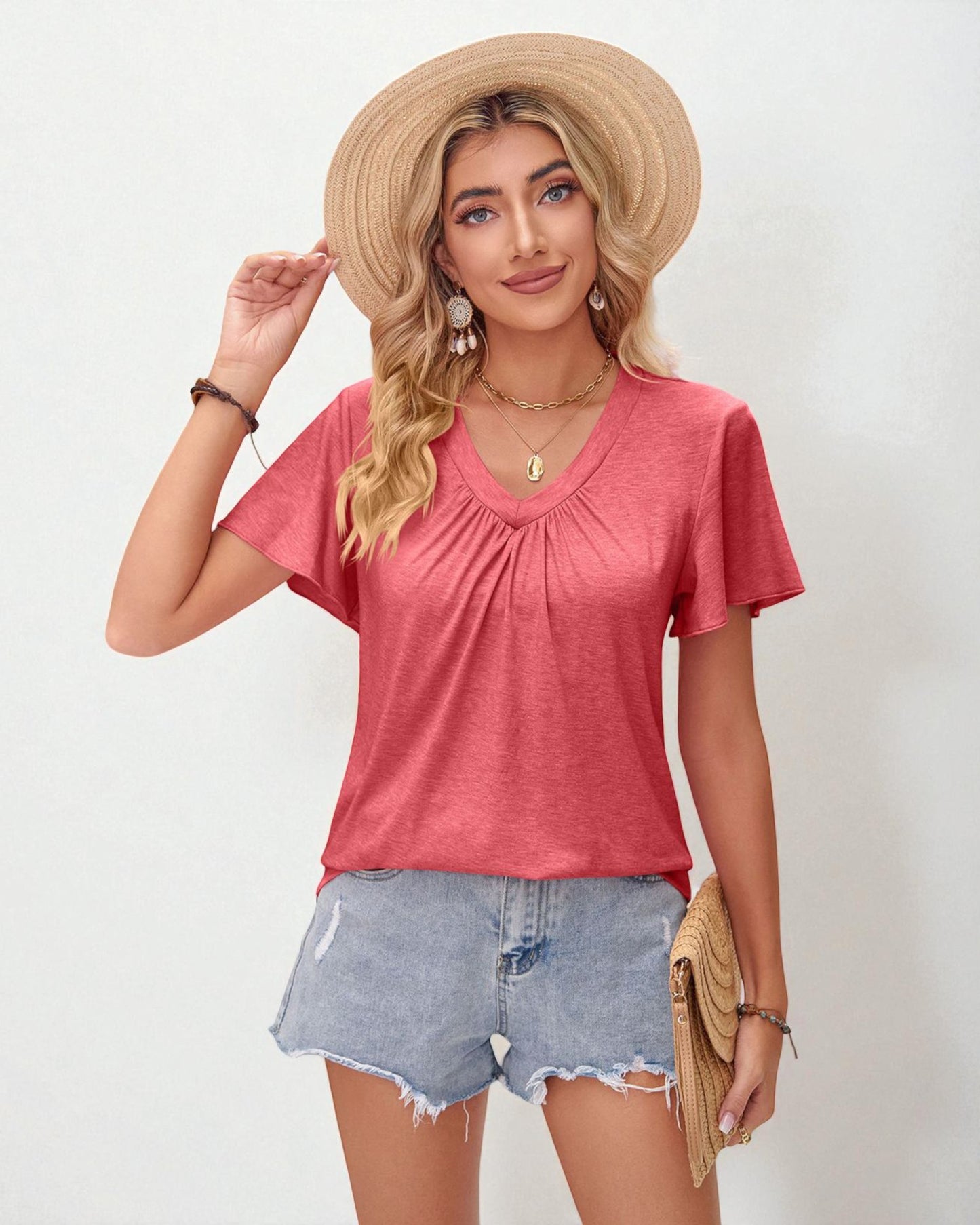 Gathered V-Neck Flutter Sleeve Top