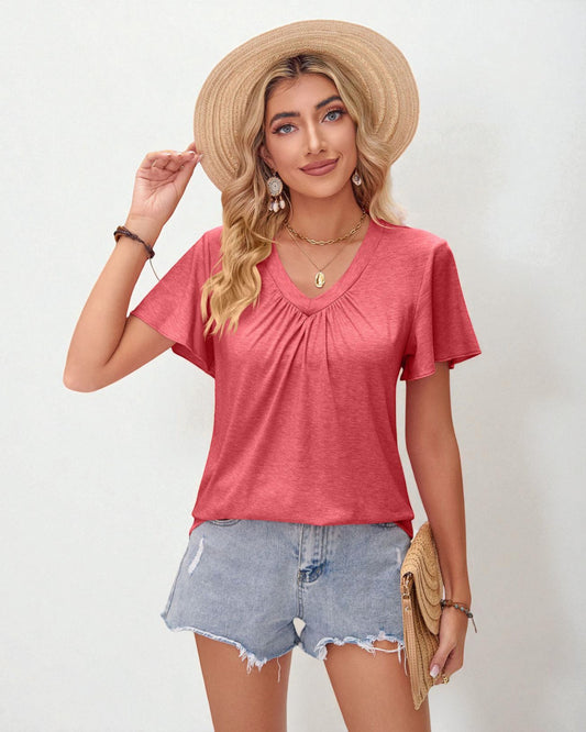 Gathered V-Neck Flutter Sleeve Top