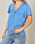 Person wearing a blue t-shirt and jeans against a neutral background
