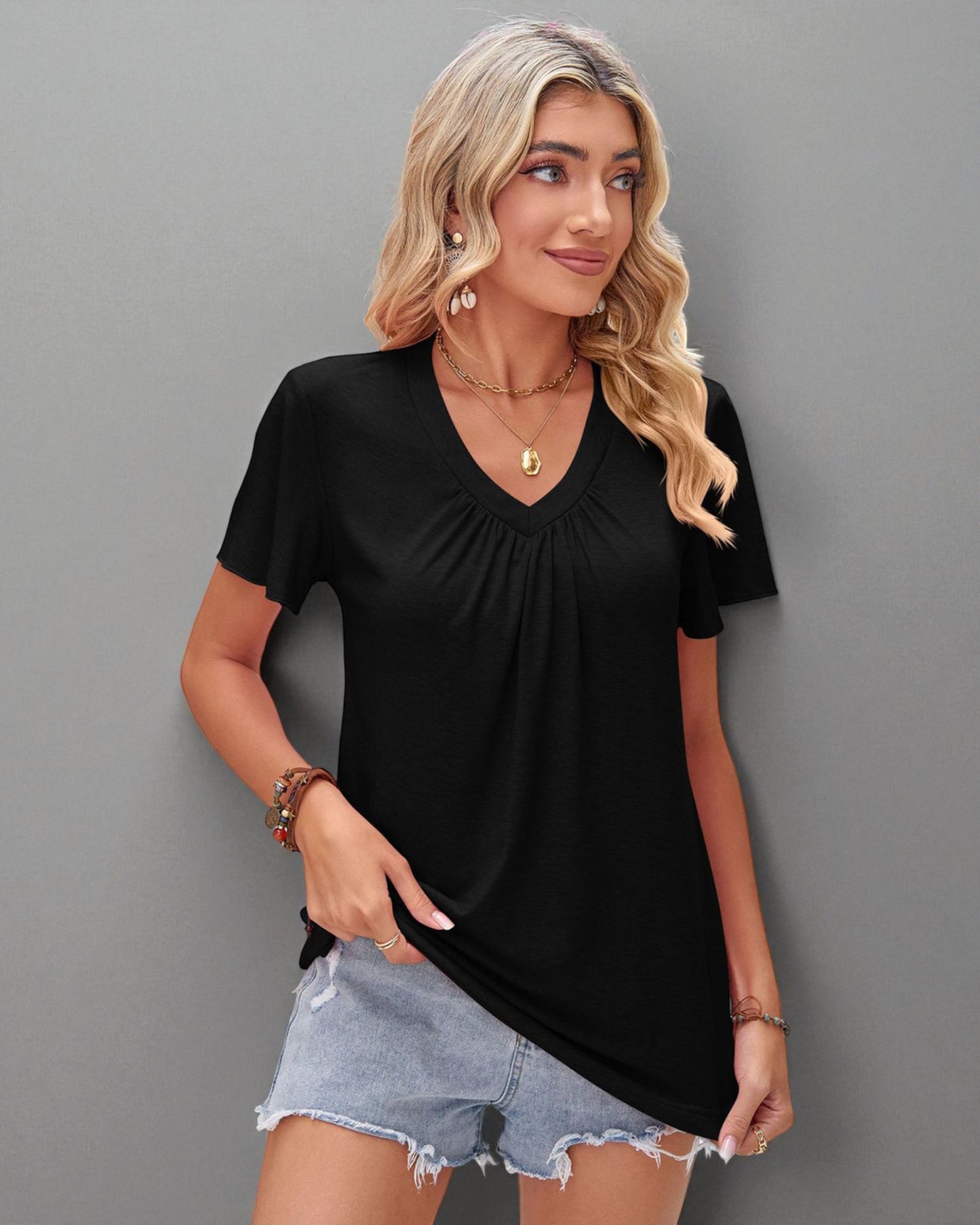 Gathered V-Neck Flutter Sleeve Top