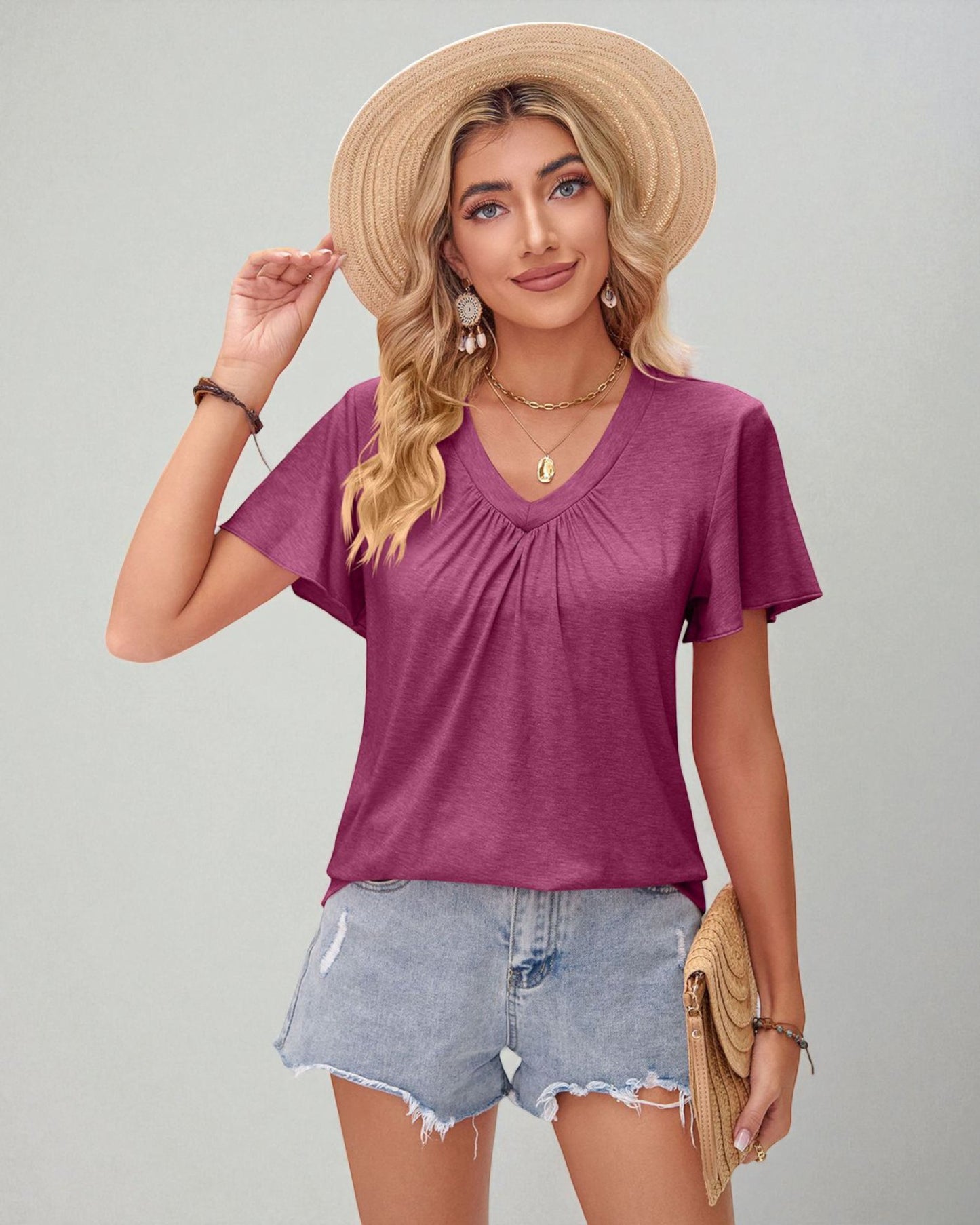 Gathered V-Neck Flutter Sleeve Top