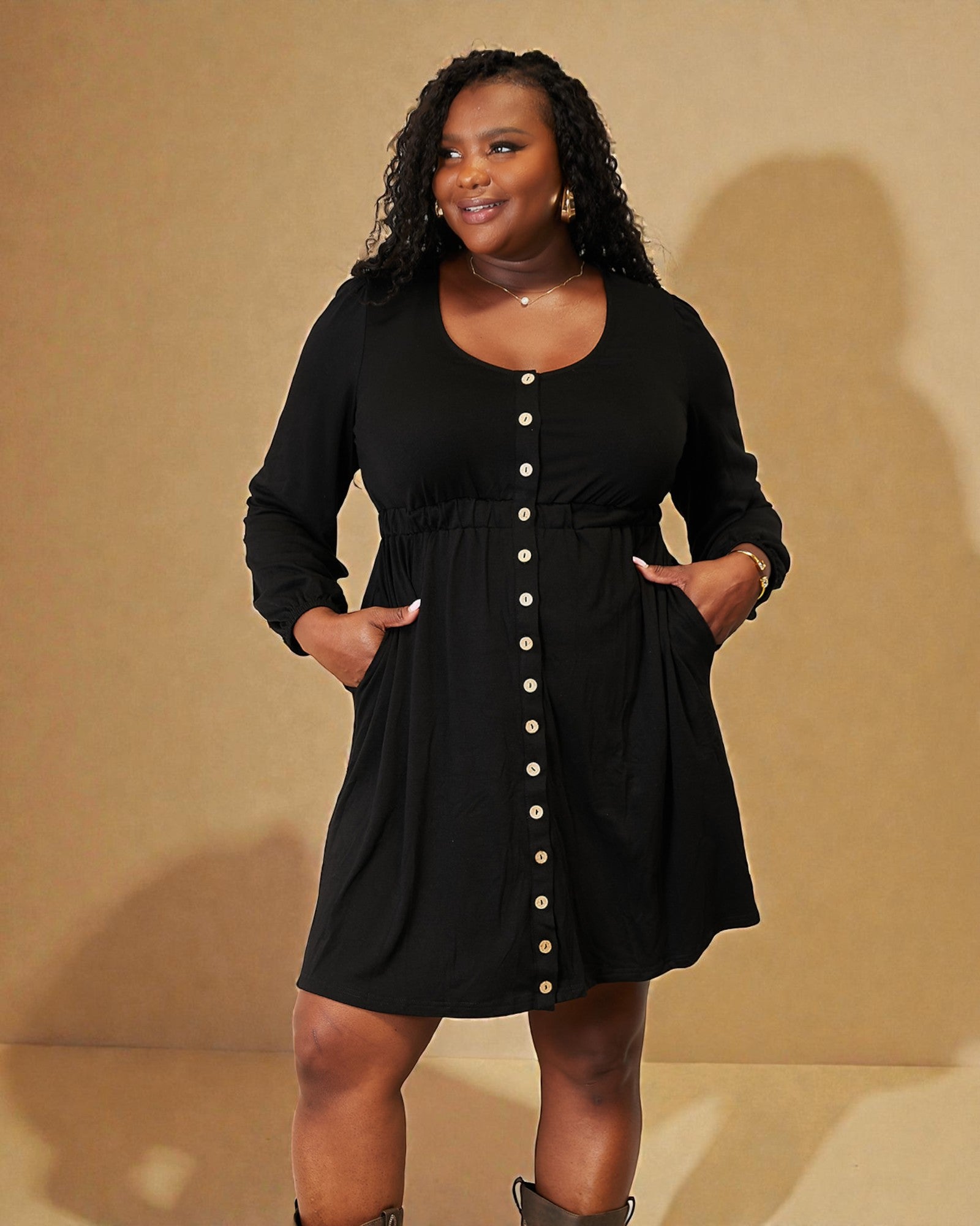 Button-Front Long Sleeve Mini Dress