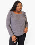 A woman wearing a heather gray long-sleeve top with ruffled shoulder details and a square neckline, paired with black pants, against a plain white background.