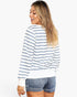 A woman shown from the back wearing a white long-sleeve top with thin navy horizontal stripes and blue denim shorts against a plain white studio background.