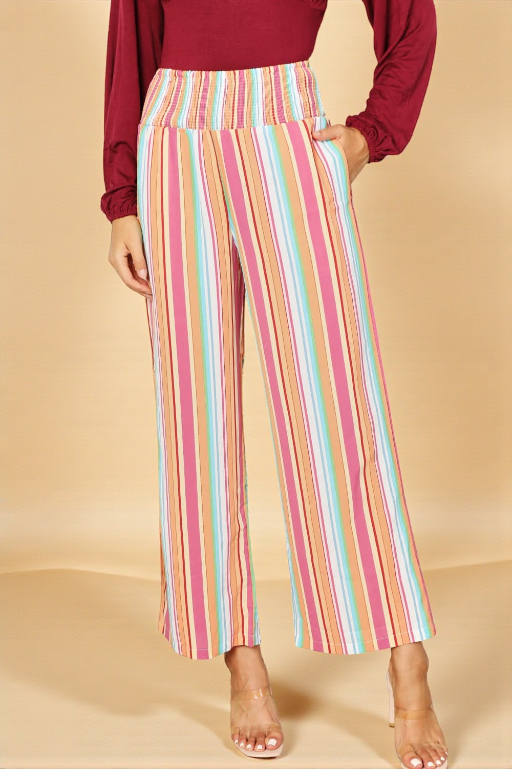 Multi Stripe Smocked Waist Wide Leg Pants
