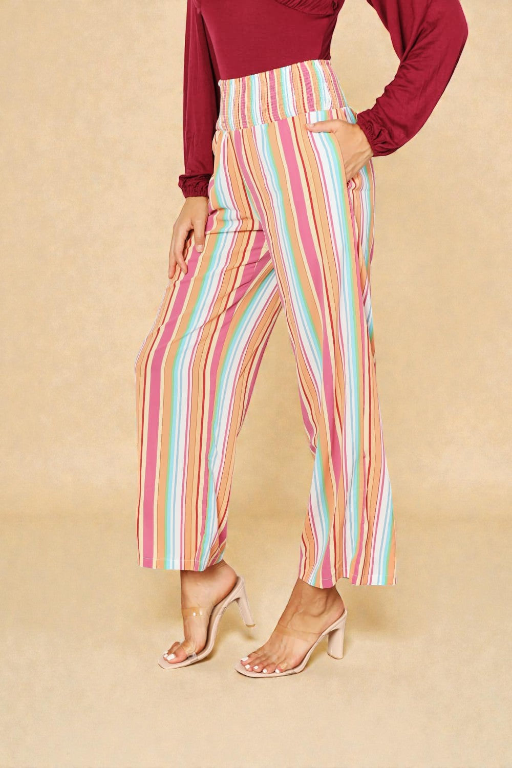 Multi Stripe Smocked Waist Wide Leg Pants