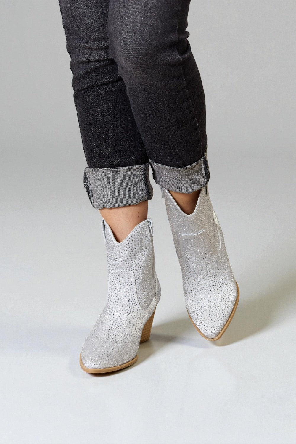 Silver Rhinestone Western Pointed-Toe Boots