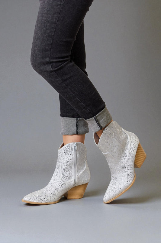 Silver Rhinestone Western Pointed-Toe Boots